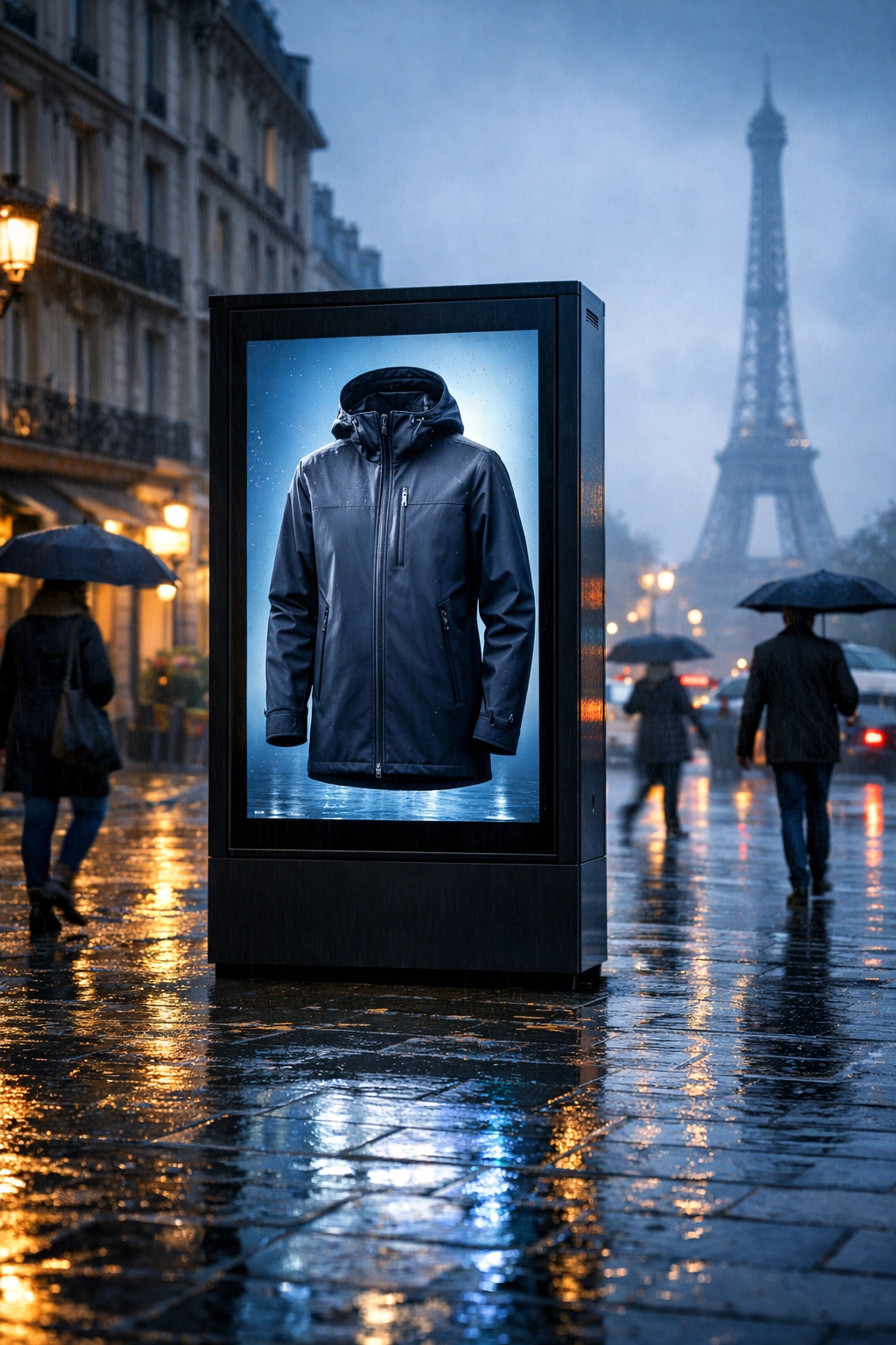 Modern digital billboard in Paris displaying weather-triggered apparel ads for targeted global campaigns.