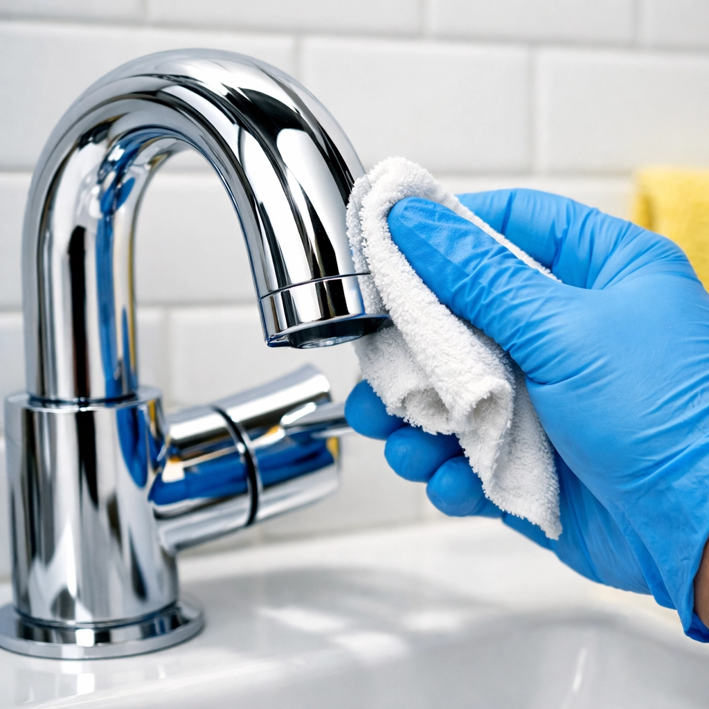 Professional cleaners polishing a chrome bathroom fixture during a detailed bi weekly house cleaning visit.
