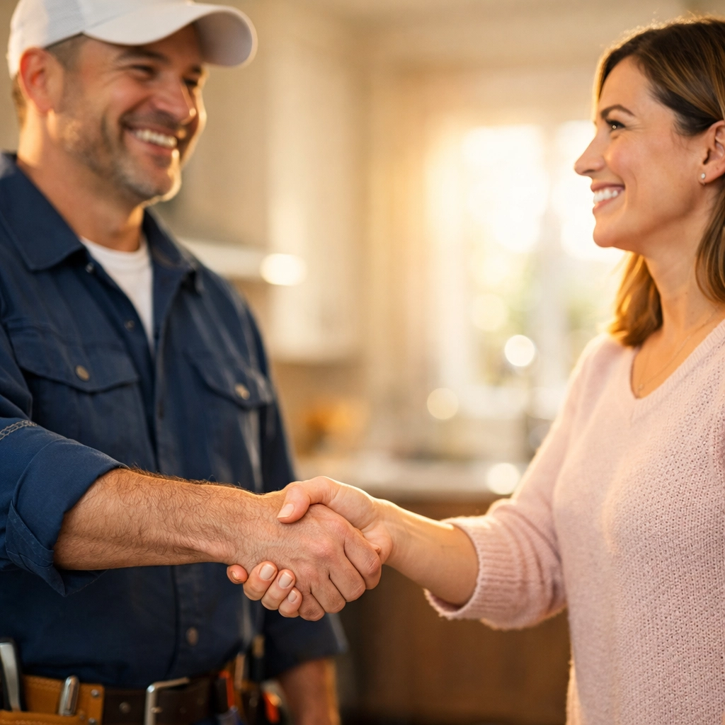 A contractor and homeowner shaking hands in a kitchen, representing business credibility and trust.