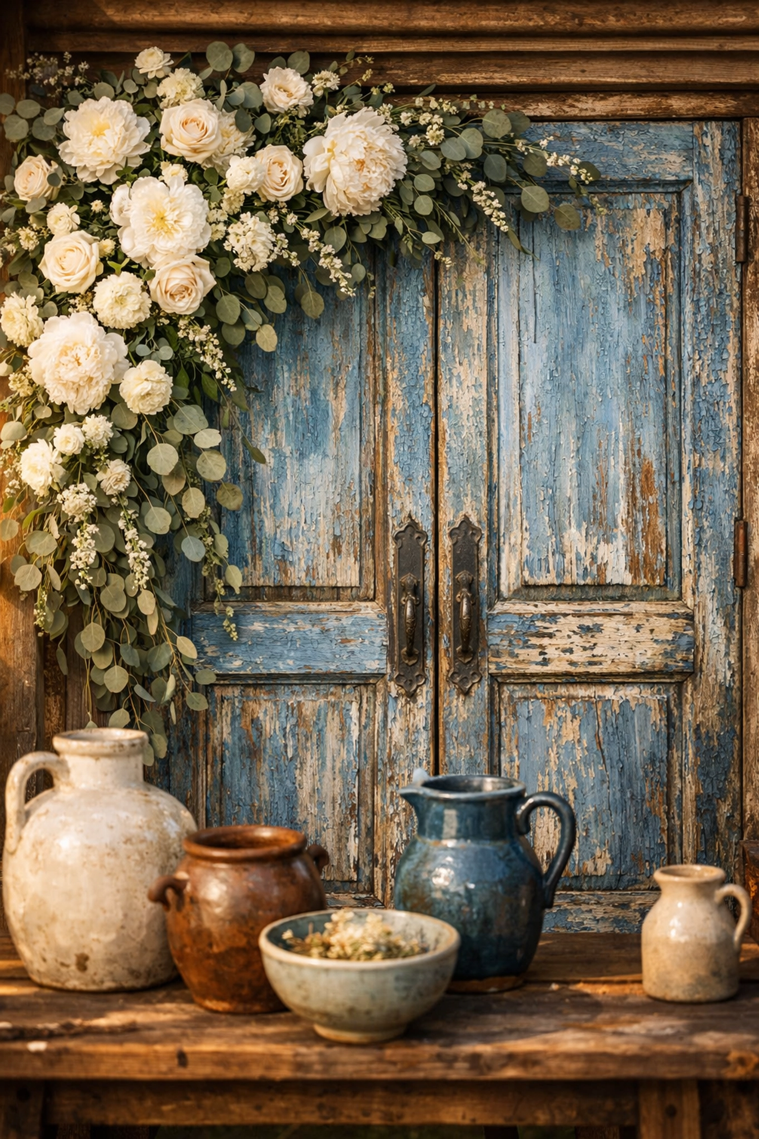 Vintage blue door backdrop with white peonies and eucalyptus for a rustic country wedding.