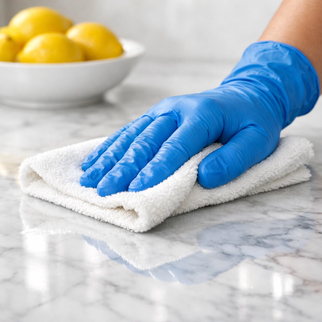 Professional polishing a marble counter, a standard detail in luxury house cleaning Medfield MA services.