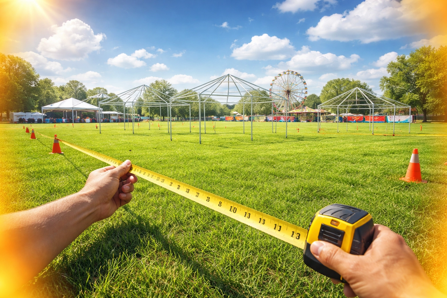 Outdoor carnival event venue setup with measuring tape and tent frames for planning space and flow