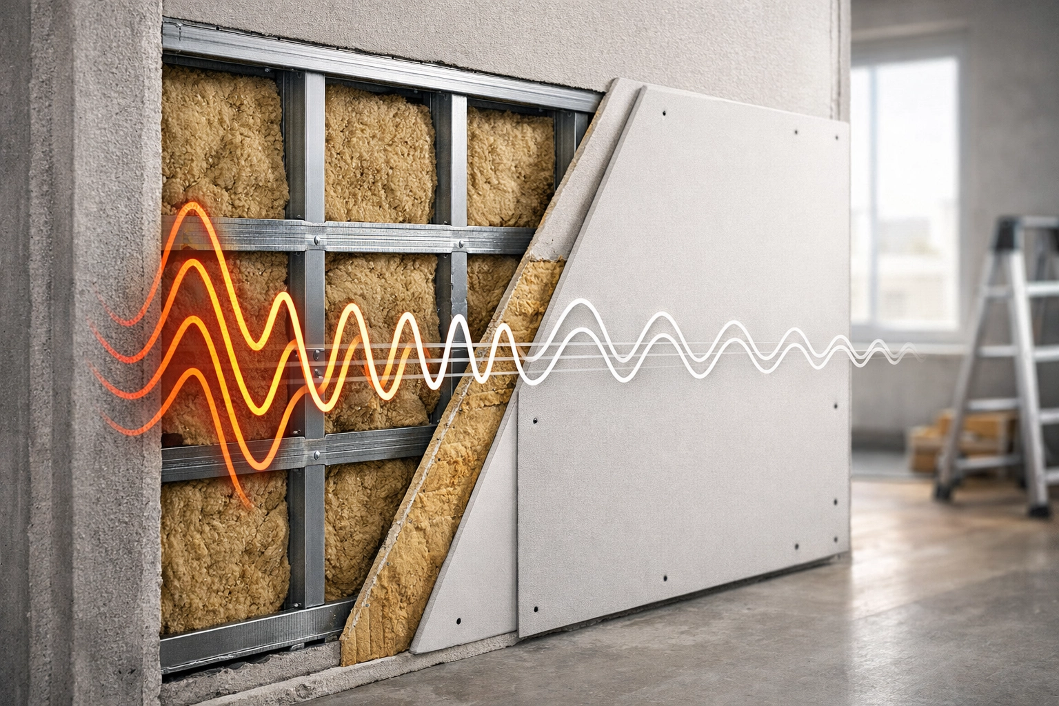 Cutaway of sound-insulated wall assembly for noise reduction in a multi-unit 4-plex renovation in Ontario.