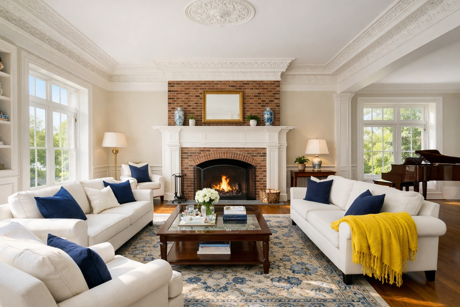 Dust-free historic living room in Wayland featuring ornate molding and a clean brick fireplace.