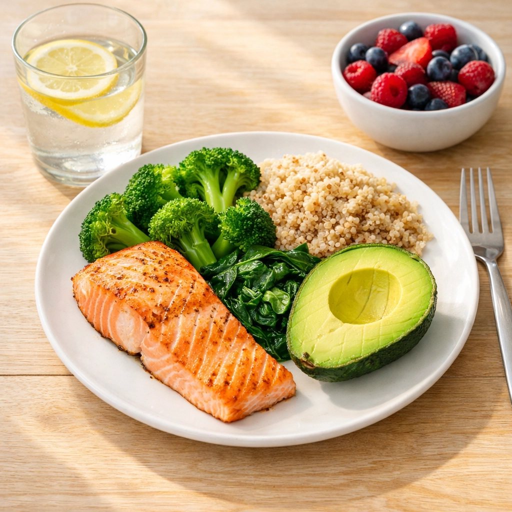 Hormone-balancing meal with salmon, vegetables and healthy fats for blood sugar stability