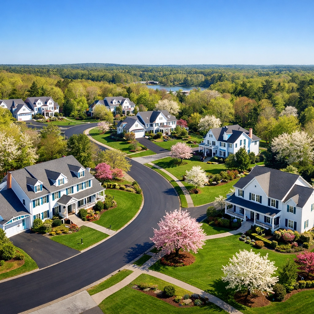 Aerial view of a clean, suburban neighborhood receiving professional house cleaning services in Westford and Littleton.