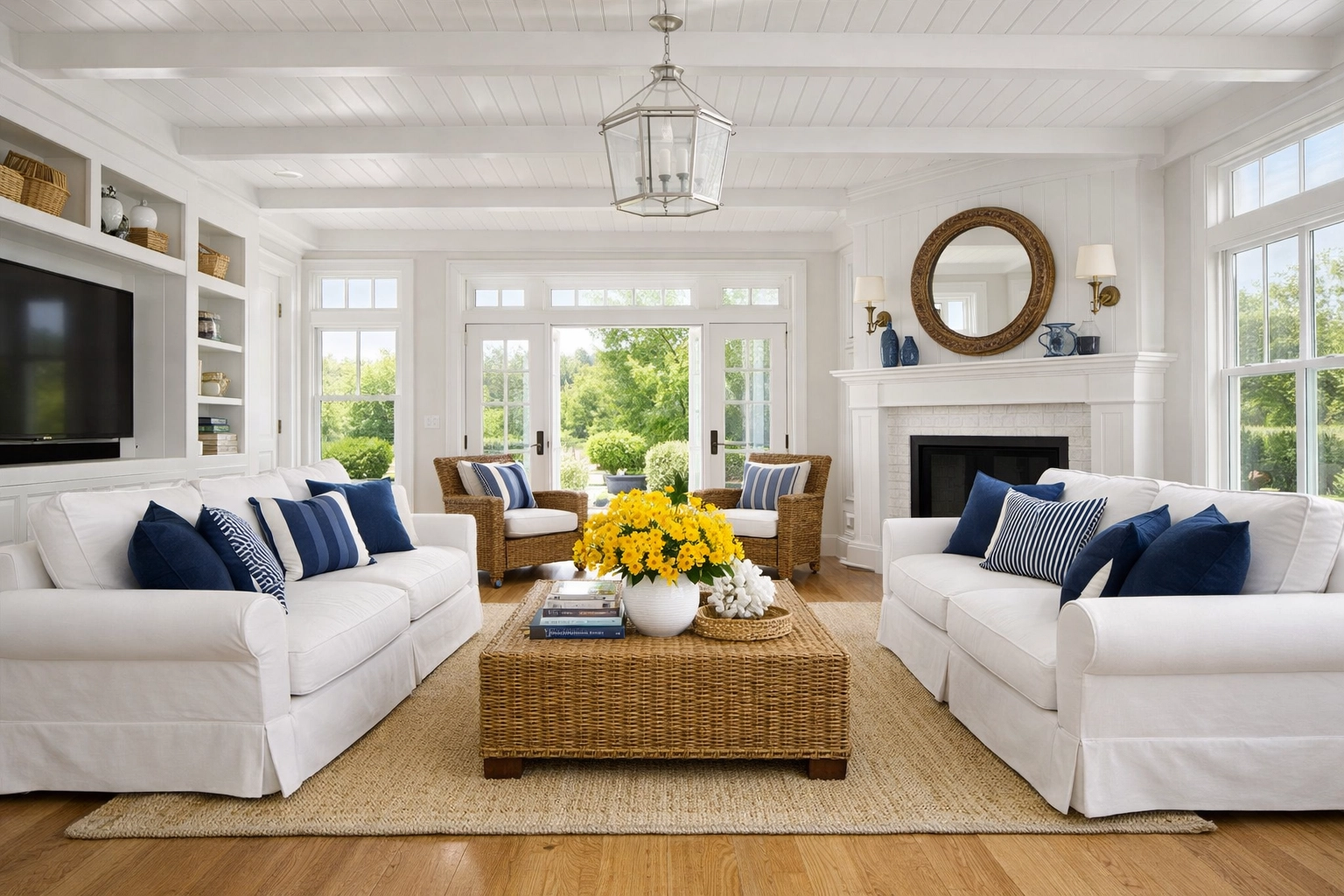 A spotless coastal living room in Falmouth, MA, after a professional residential deep cleaning service.