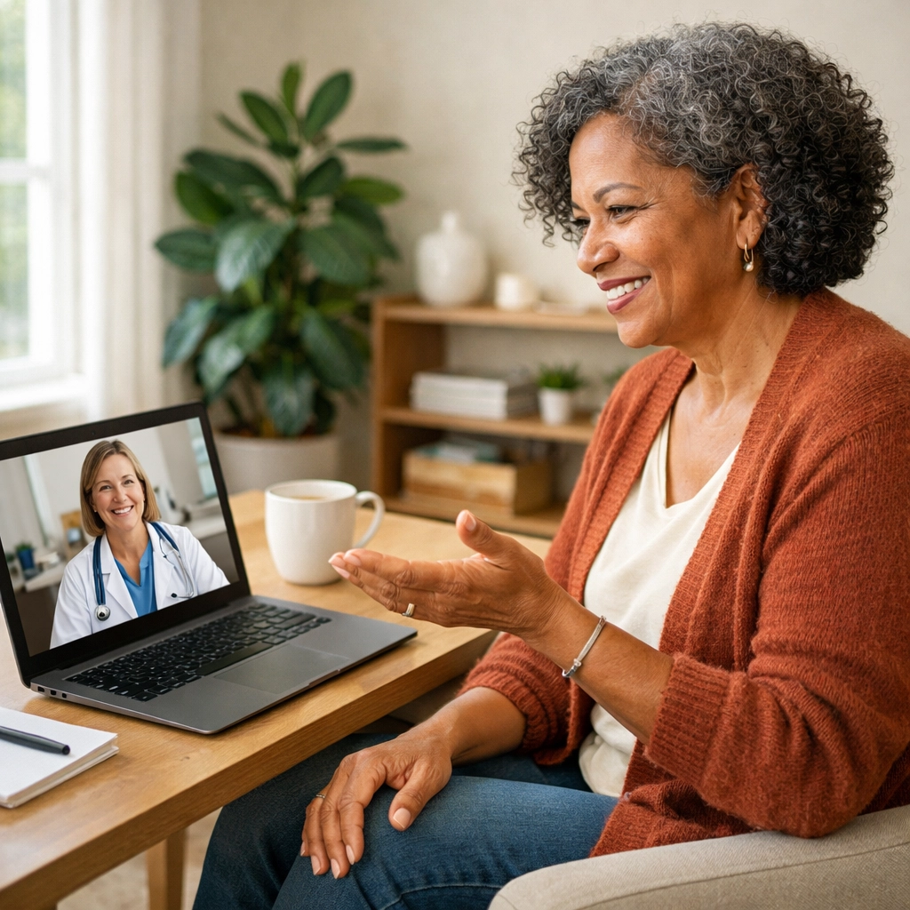 Woman attending online weight loss consultation for tirzepatide in California via telemedicine