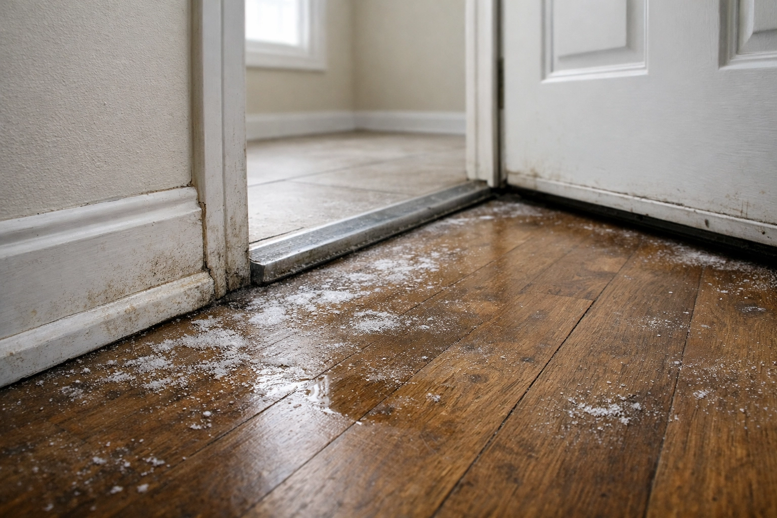 Salt stains on apartment flooring and baseboards during winter turnover cleaning