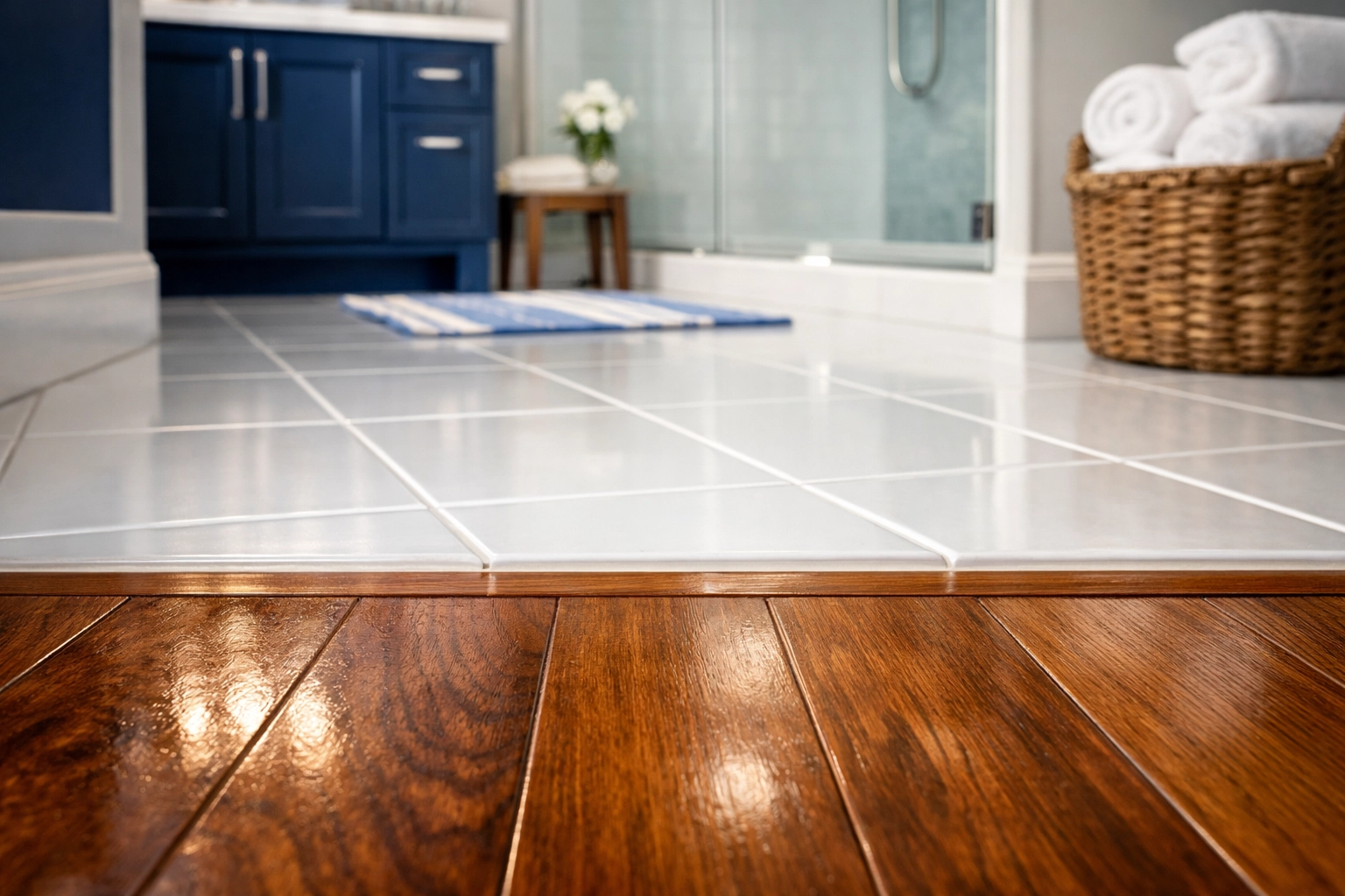 Polished hardwood floors and clean bathroom tile grout in a Milford house after professional cleaning.