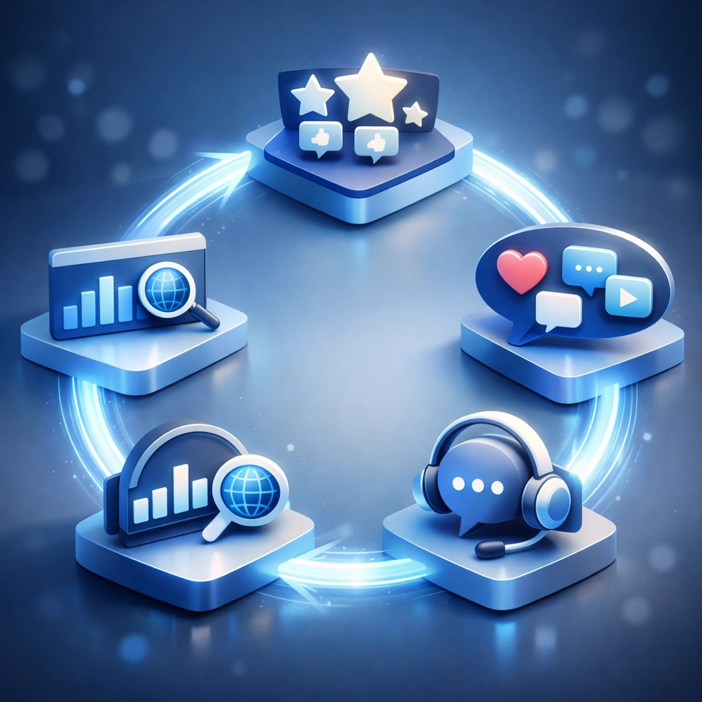 AI automation workflow connecting reviews, social posts, SEO monitoring and customer service