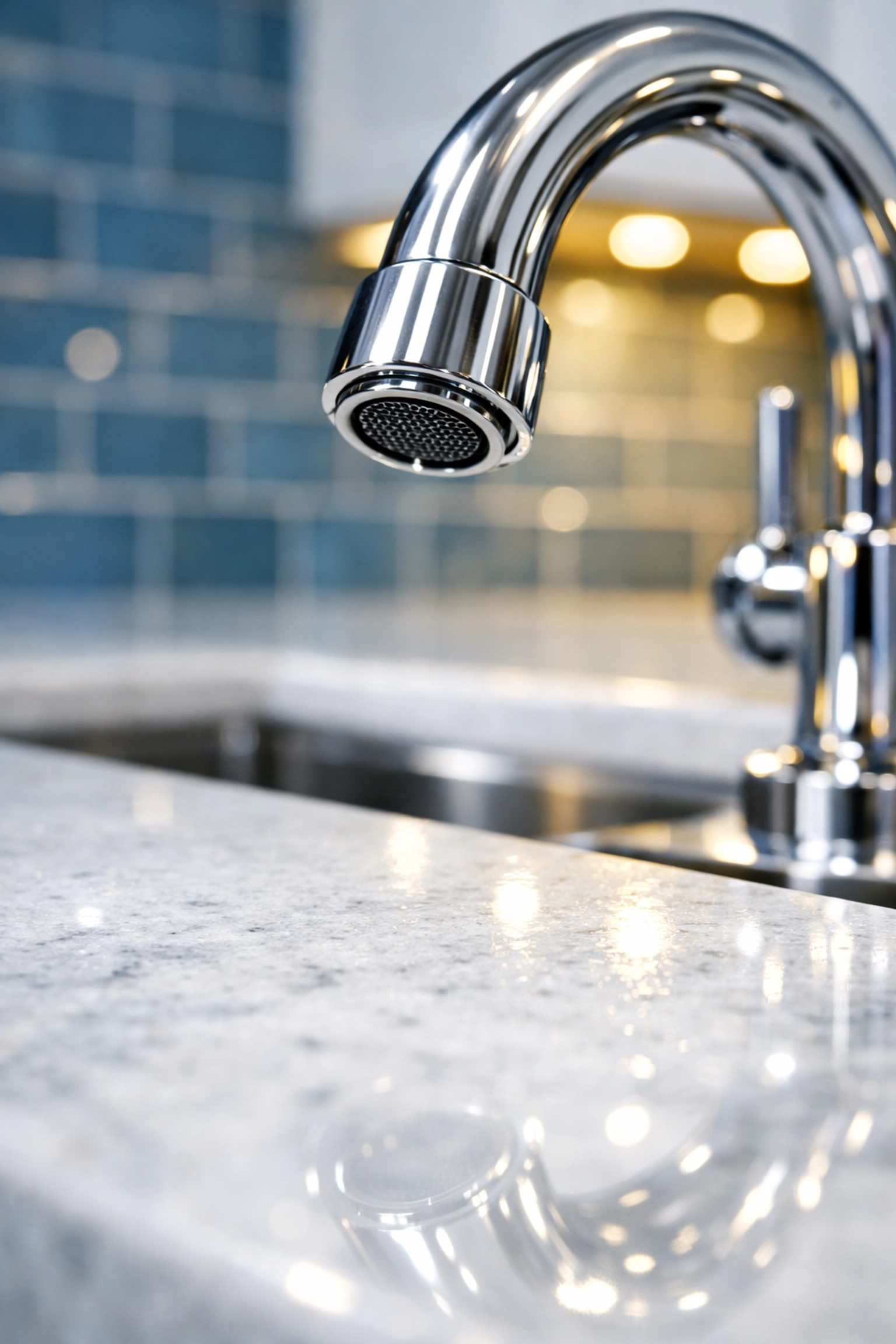 Spotless marble kitchen countertop and faucet in a Fitchburg home after professional deep cleaning.
