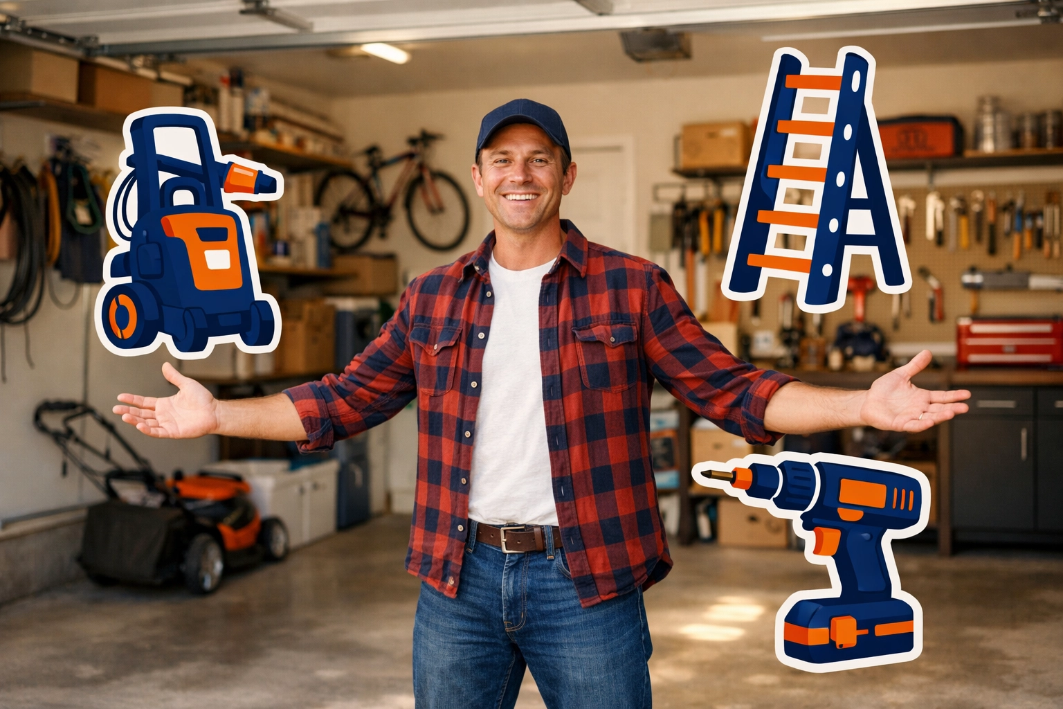 A happy person in an organized Woburn garage representing the freedom of a virtual tool rental library.