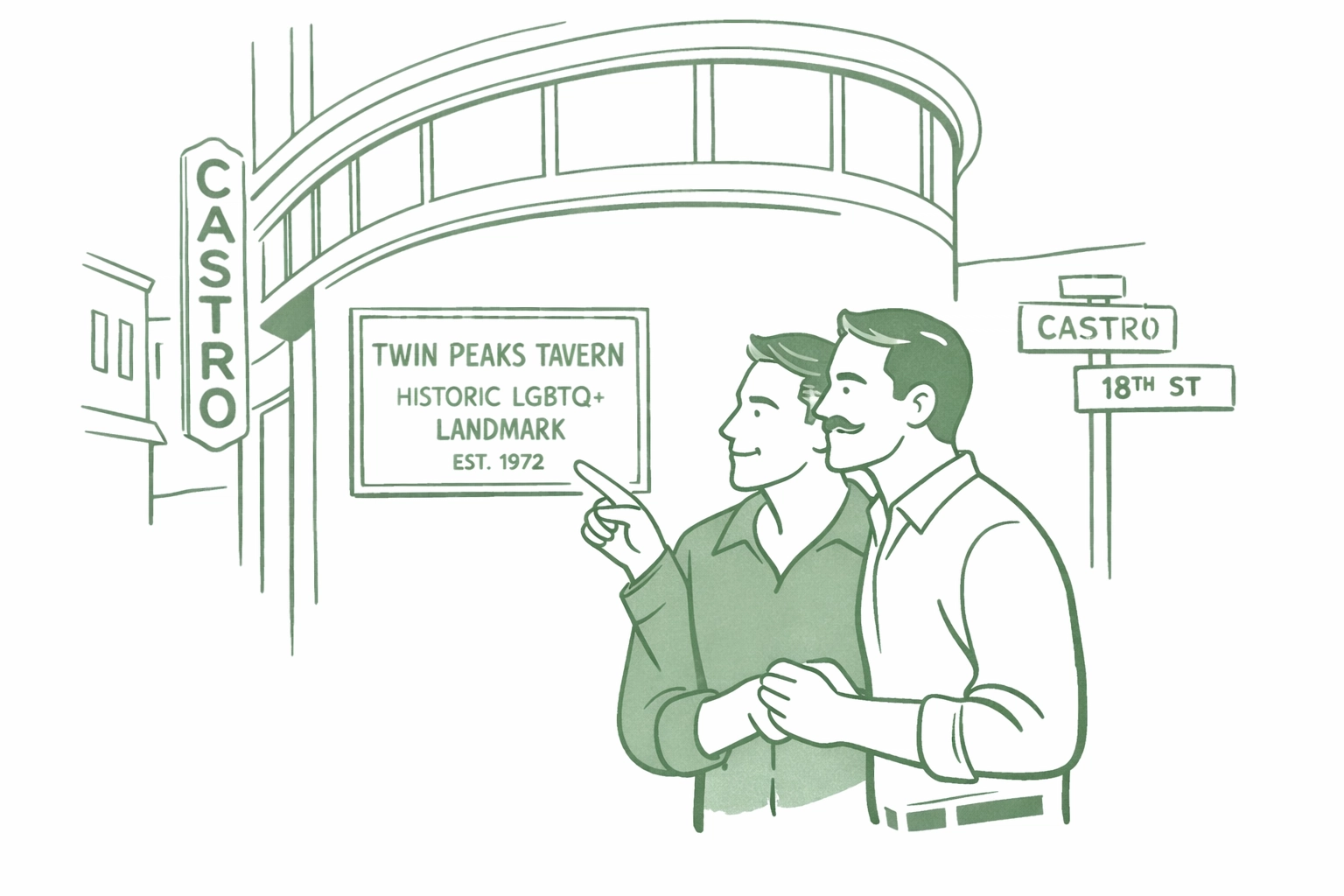 LGBTQ+ couple celebrating Twin Peaks Tavern's landmark status in San Francisco's Castro