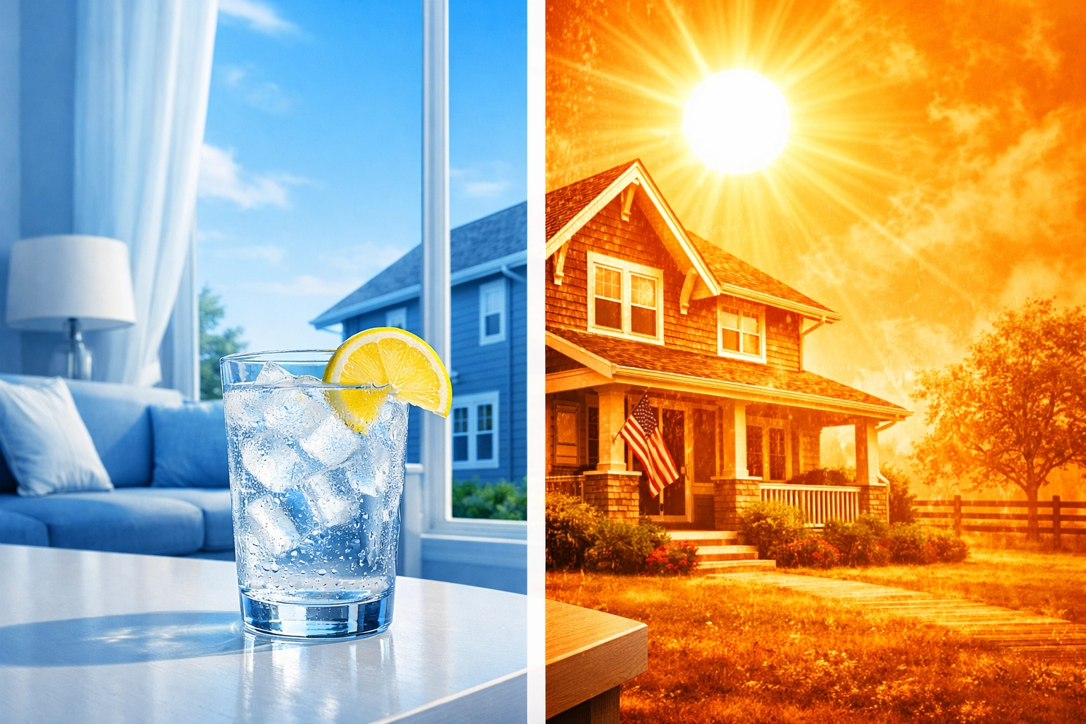 Cool home interior contrasted with a hot 2026 heatwave outside, illustrating the need for AC repair near me.