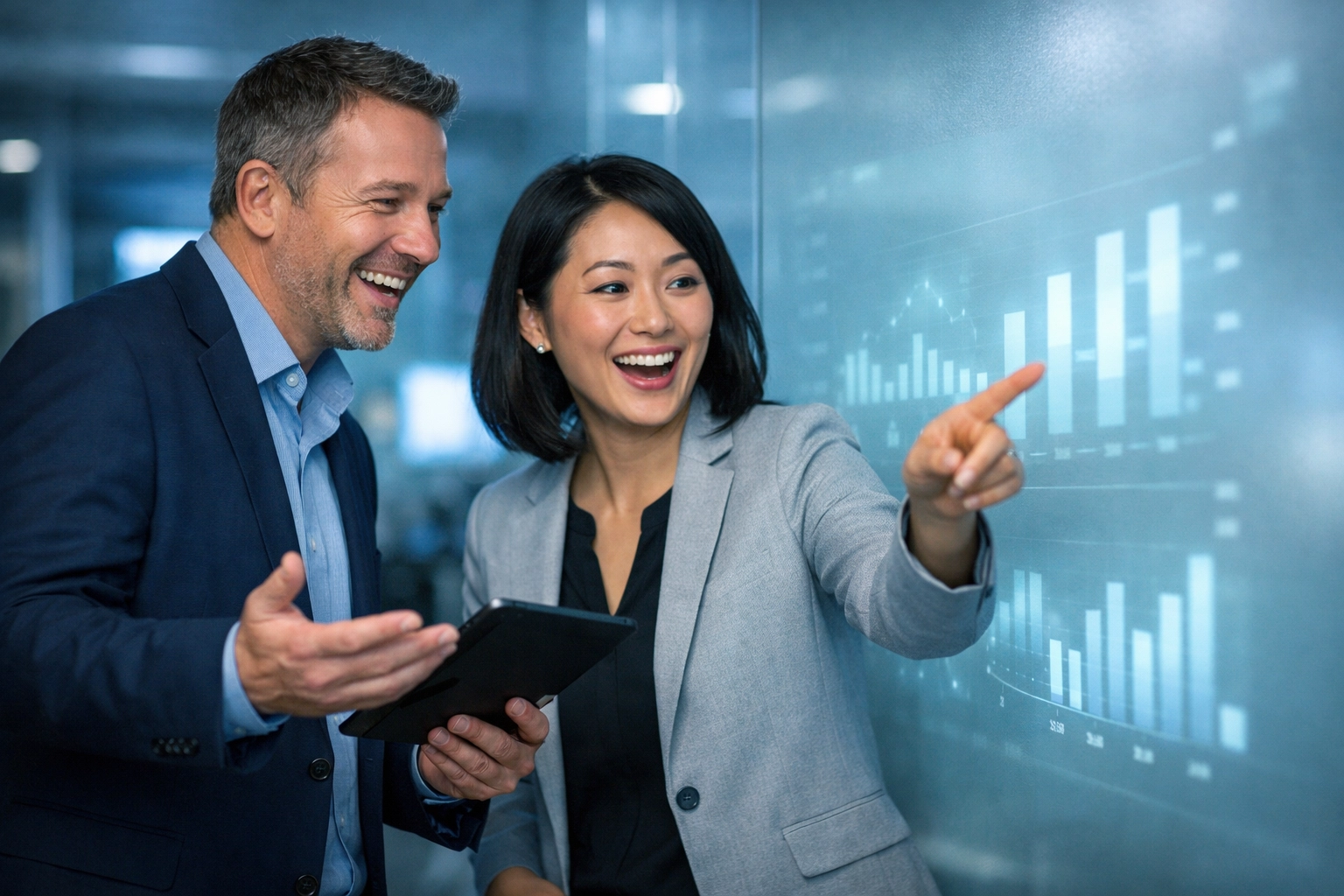 Colleagues analyzing data visualizations and financial scenario modeling for business growth.