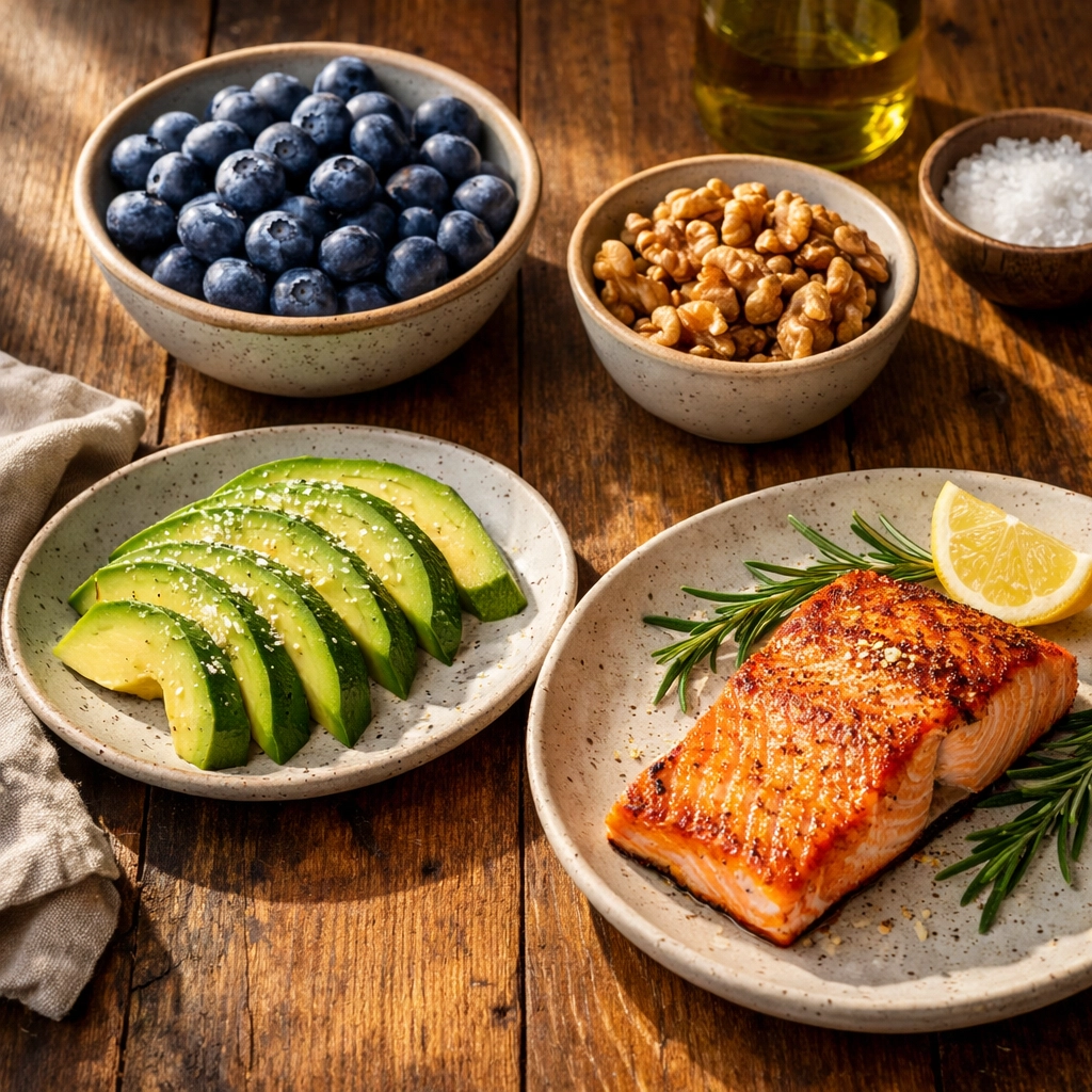 Nutritious Mediterranean food spread to help manage emotional eating weight loss during the menopause transition.