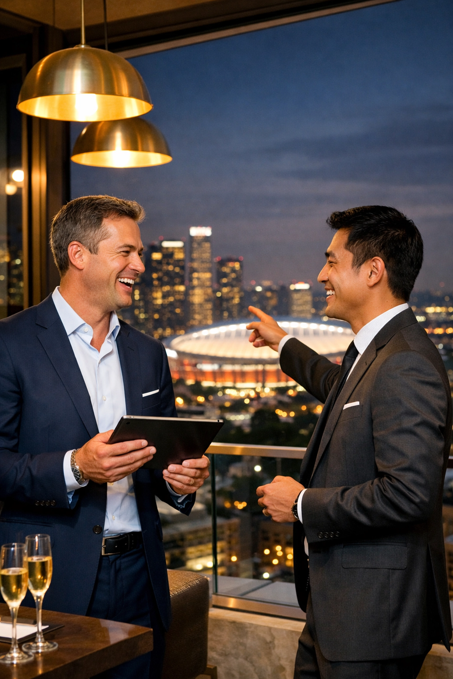Executives celebrating a successful sports marketing campaign overlooking a glowing football stadium.