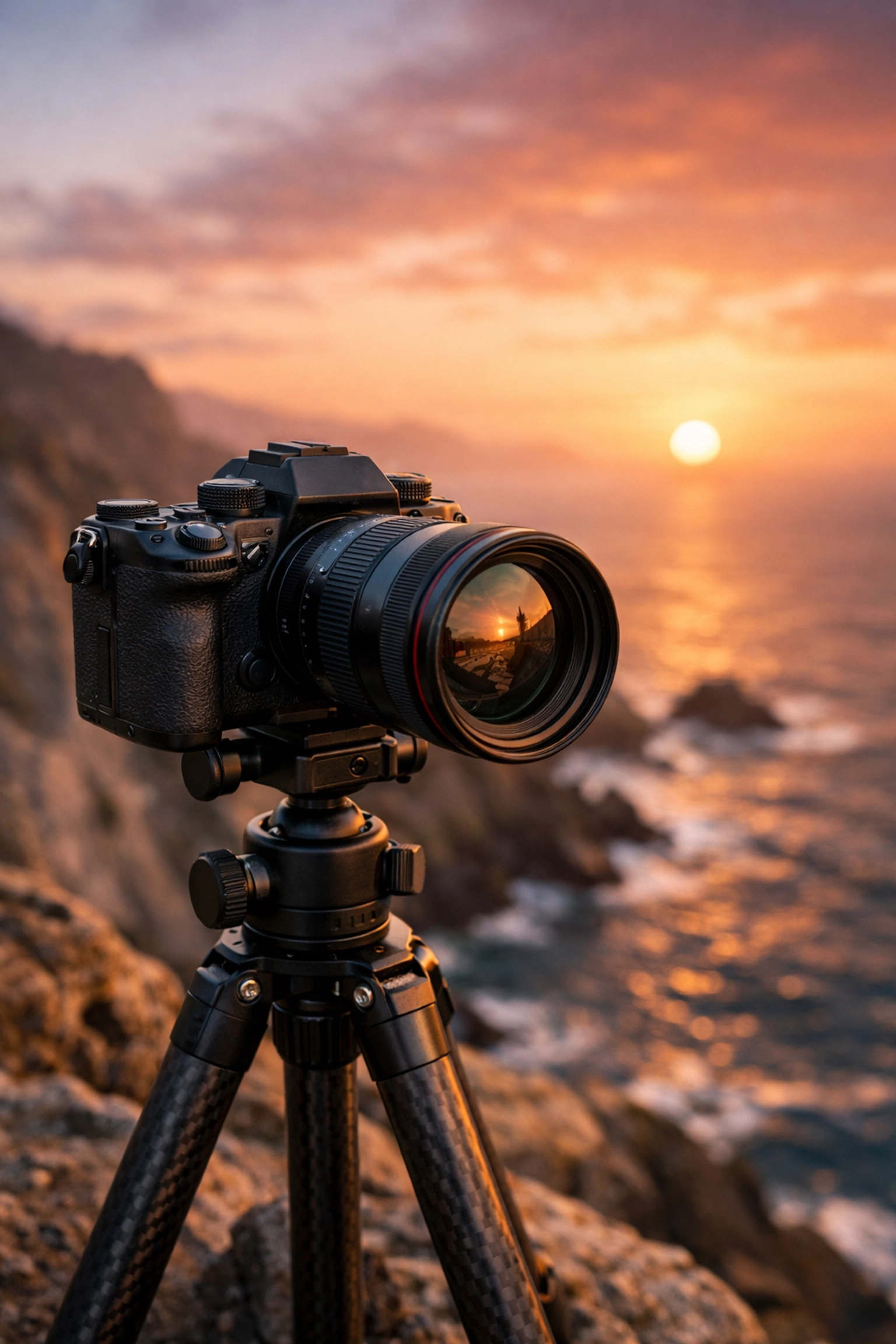 Professional full-frame mirrorless camera on a tripod at sunset for high-quality landscape photography.