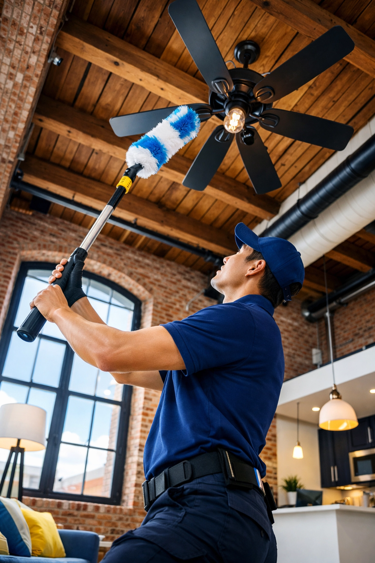 Expert cleaner dusting a ceiling fan in a historic Lowell loft for maximum efficiency.