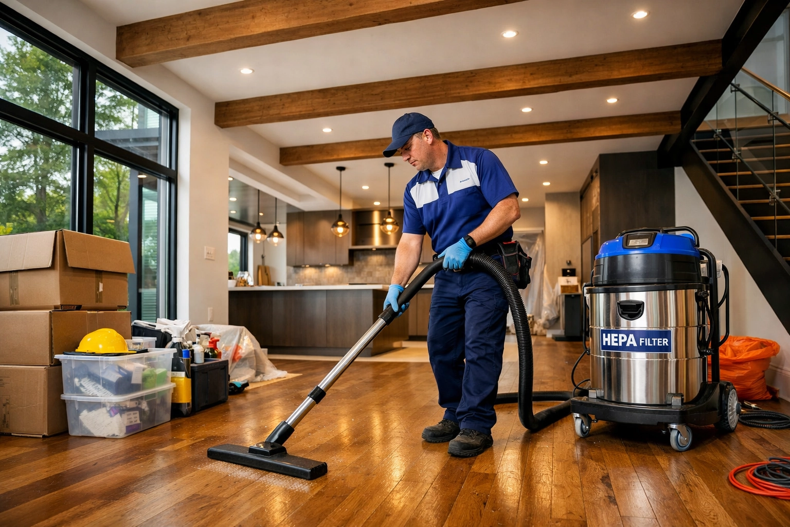 Industrial HEPA vacuuming during post-construction cleaning services for a Newton home renovation.
