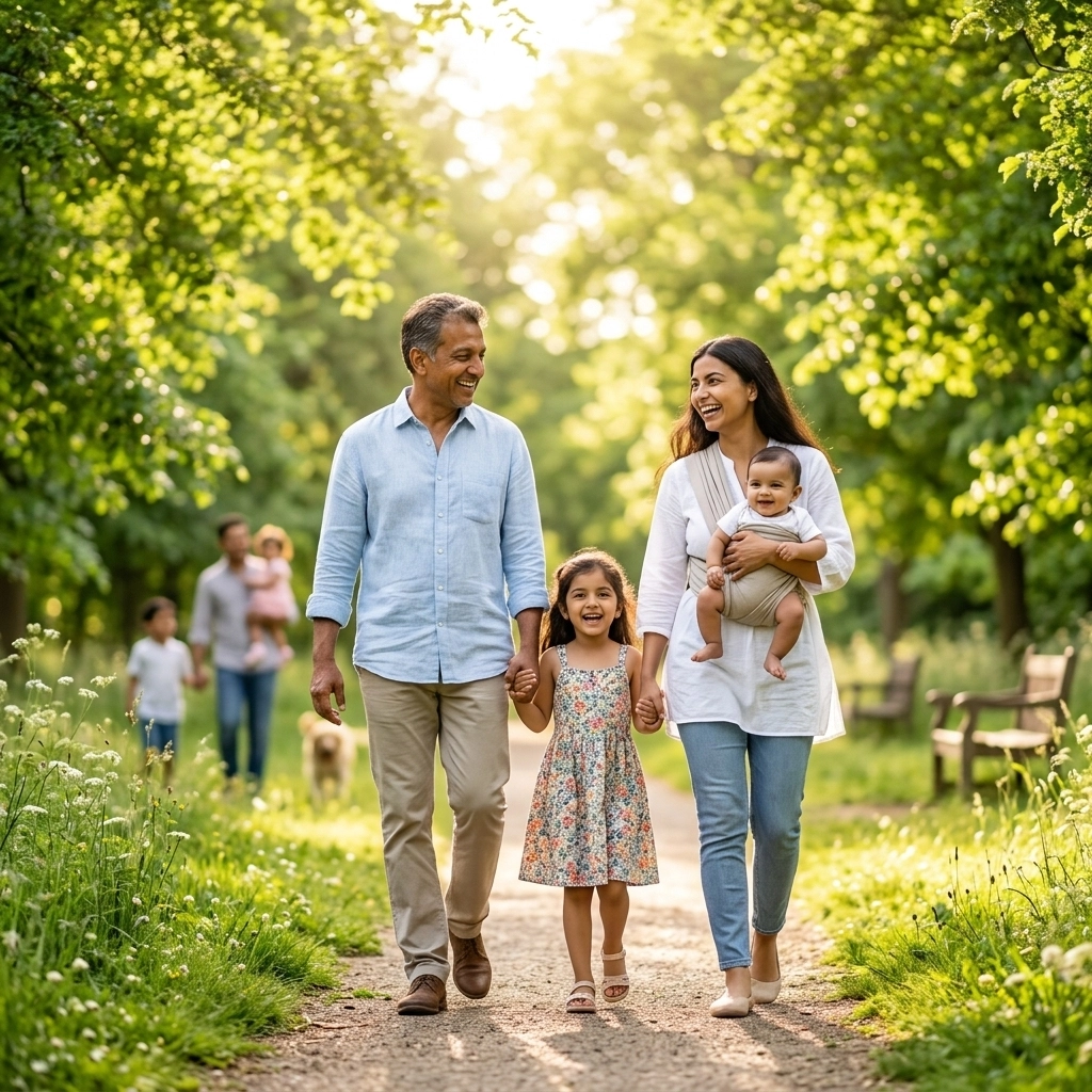 A happy family walking in a park, representing the protection of loved ones