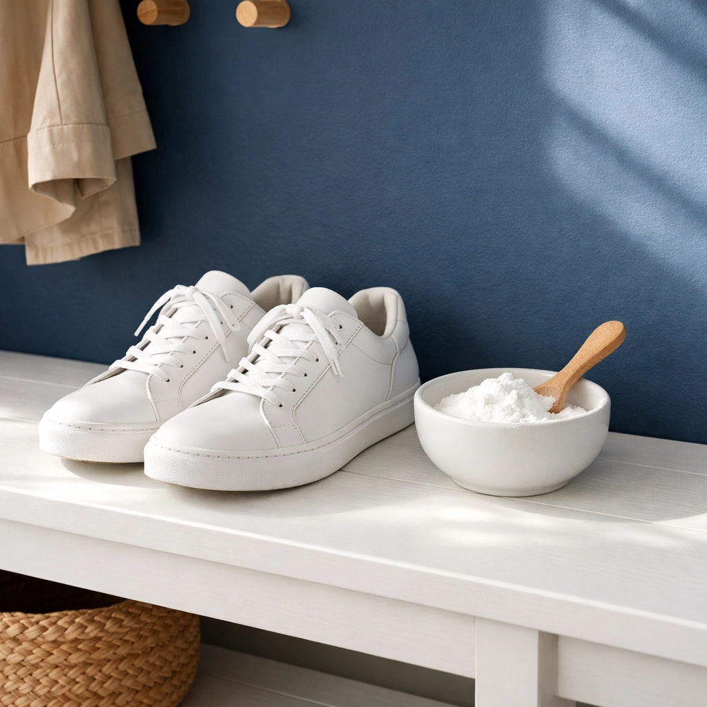 White sneakers next to a bowl of baking soda, a natural hack for shoe odor elimination.