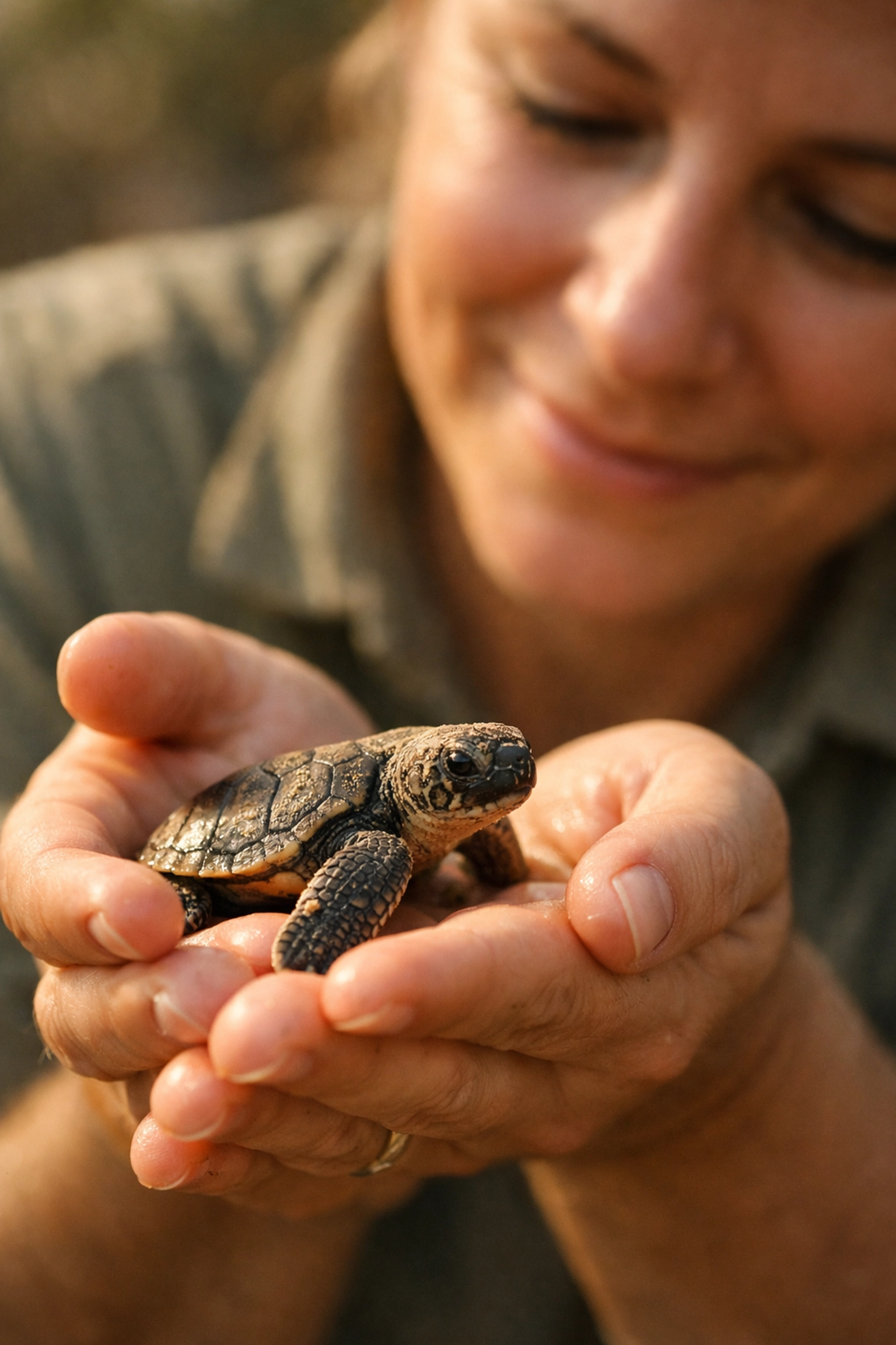 Zoo keeper holding sea turtle hatchling demonstrating conservation storytelling for wildlife marketing