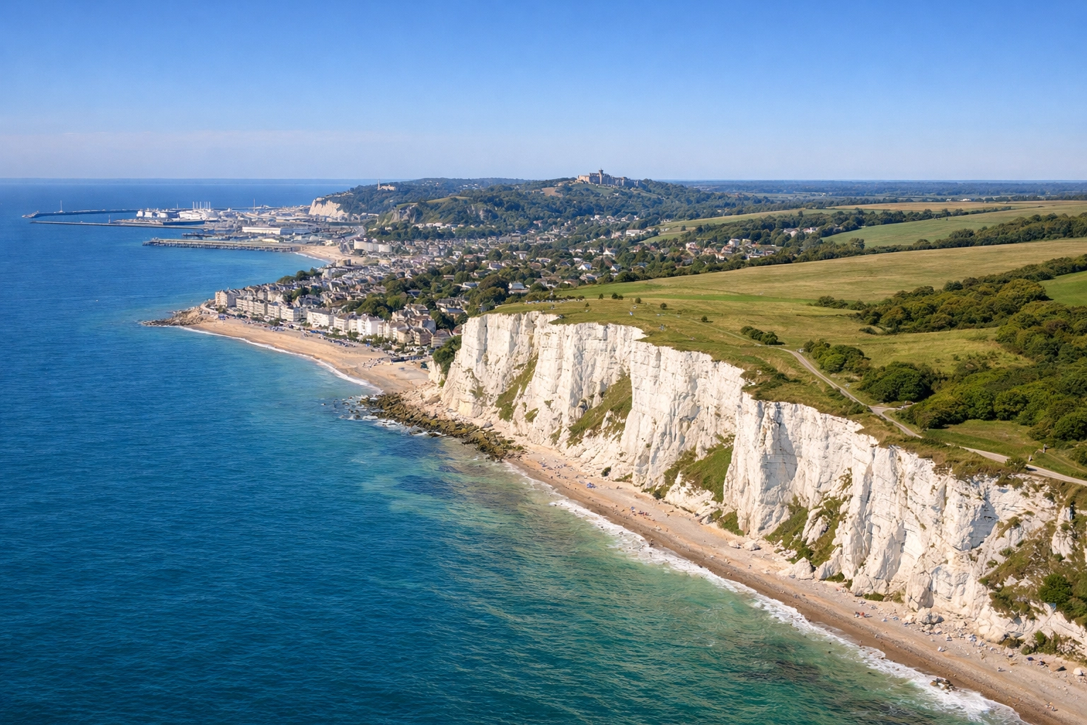 Aerial view of Kent's White Cliffs coastline and seaside town