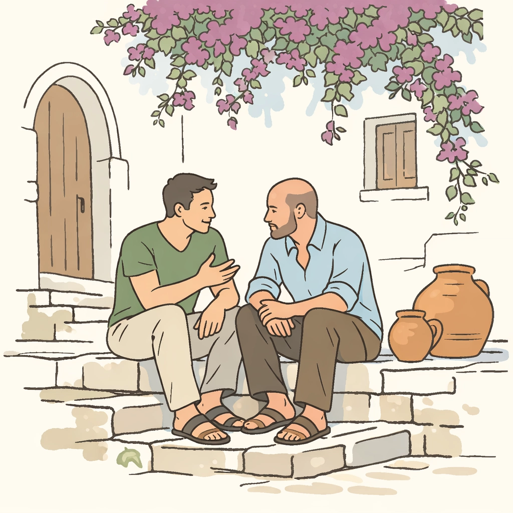 Step-brothers in conversation on ancient stone steps in Greek village - MM contemporary romance