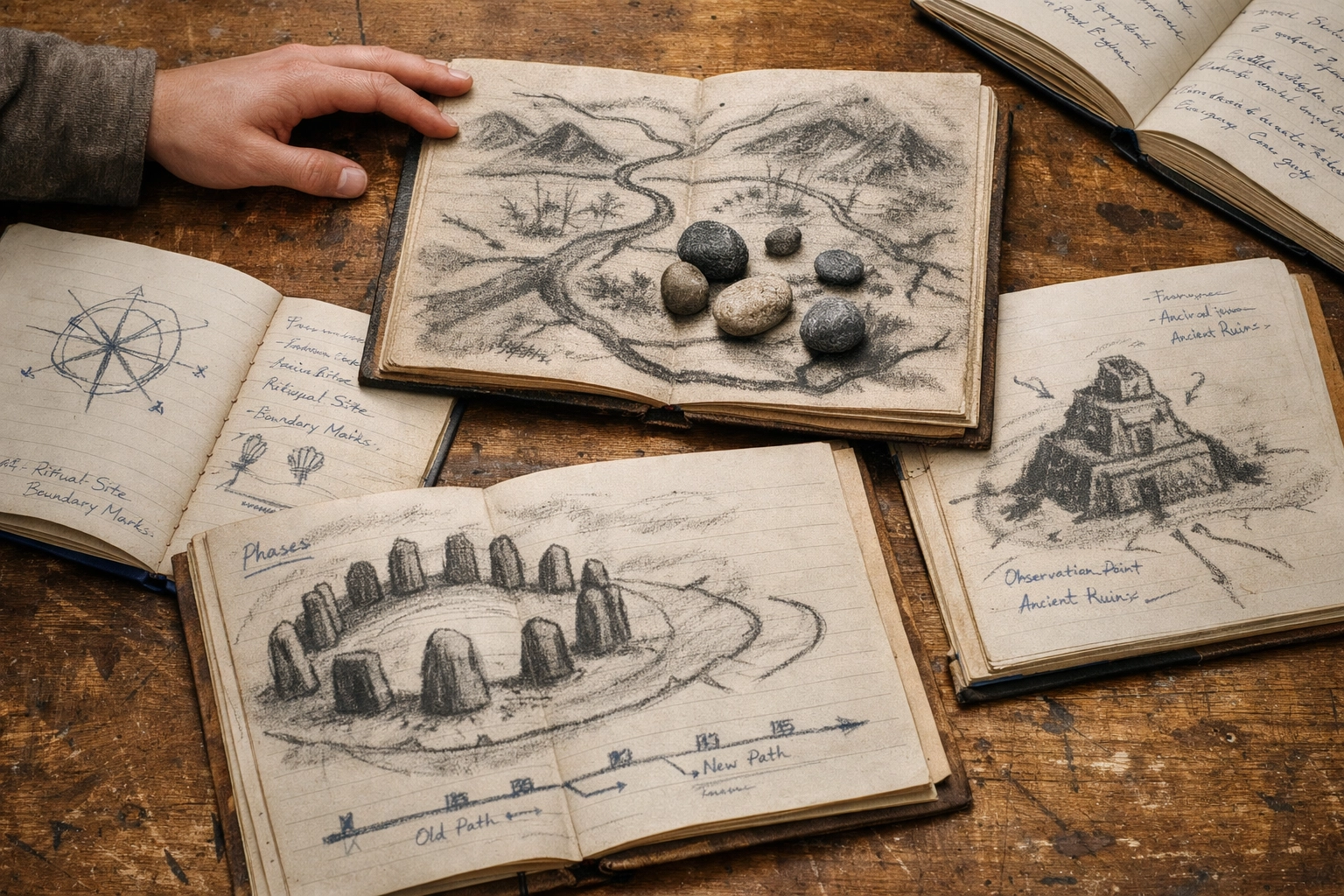 Tabletop maps and notebooks used to facilitate collaborative memory and analytical skills in a learning session.