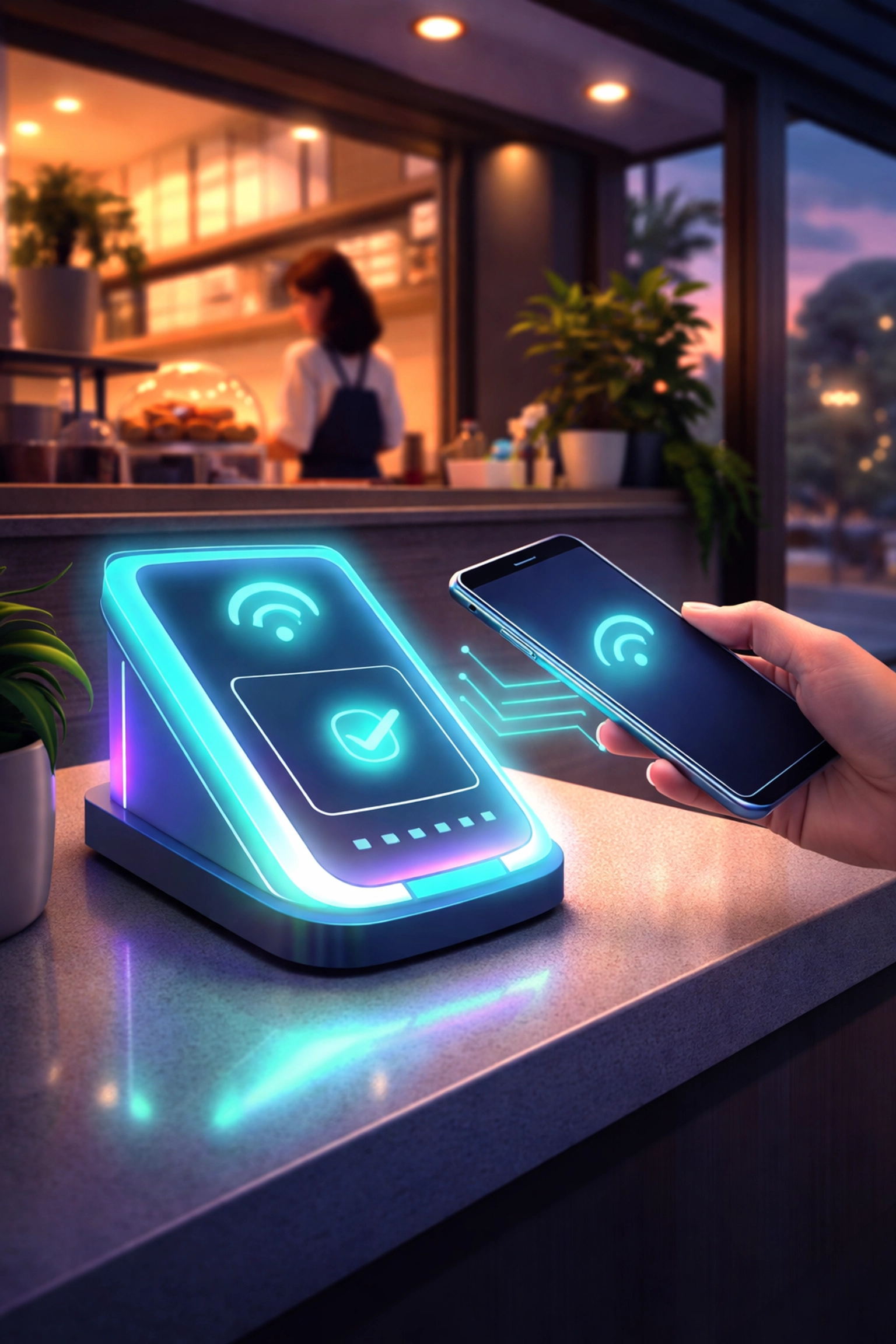 Small shop using a futuristic crypto POS system, highlighting Web3 global payments, self-custody, and reduced merchant fees for small business.