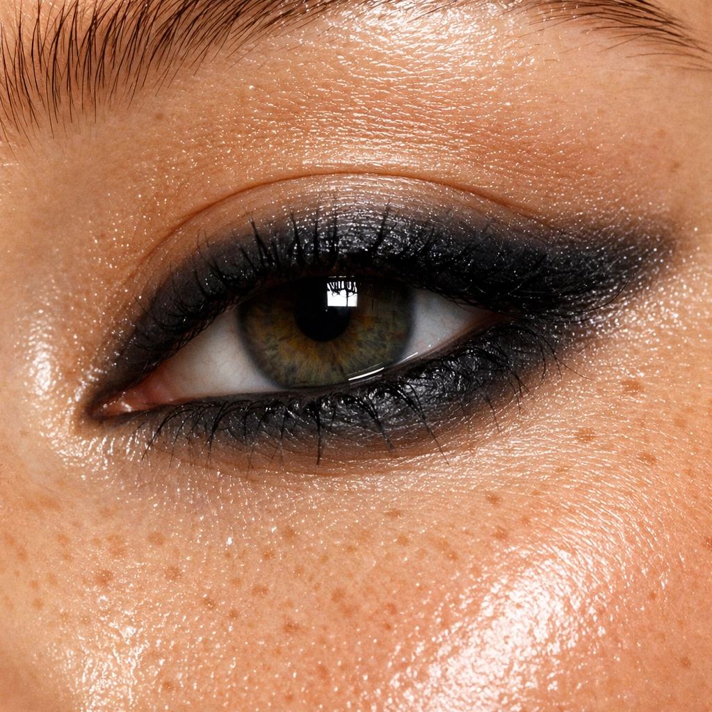Model eye featuring a diffused, undone liner look with smudged charcoal eyeliner and radiant, editorial skin.
