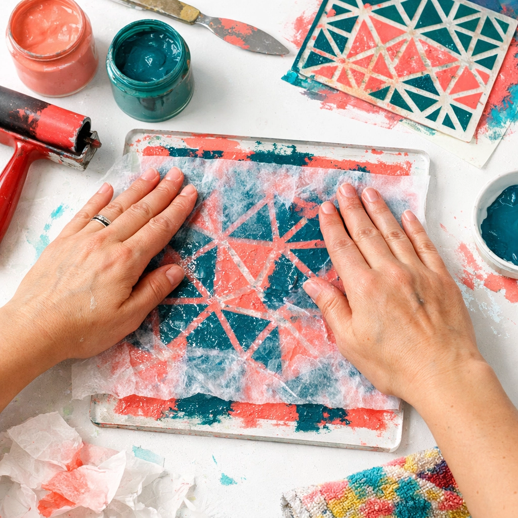 Artist pressing wet strength tissue onto painted gel plate with geometric stencil design