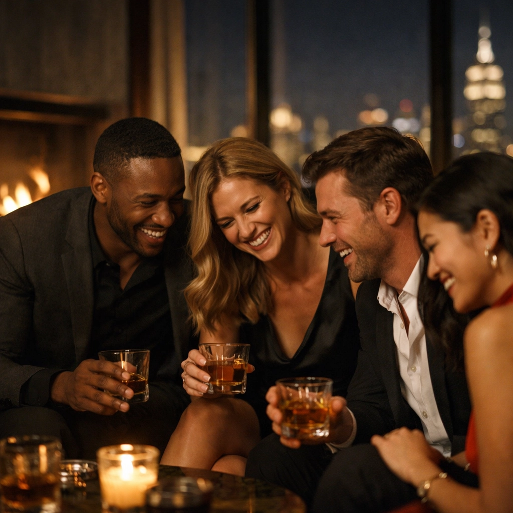Friends enjoying an exclusive private lounge atmosphere in an upscale NYC penthouse venue.