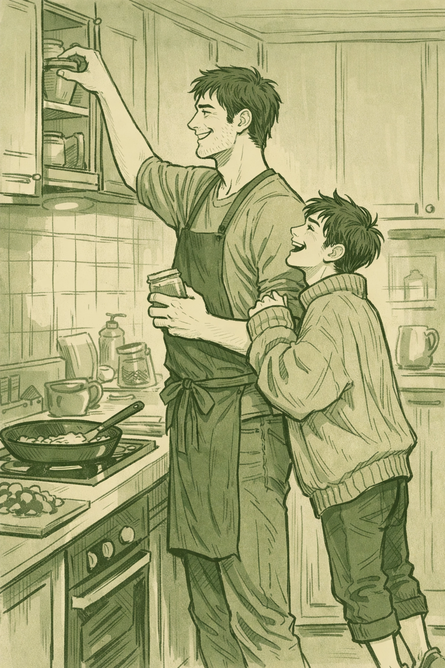 Height difference between MM couple cooking together in domestic gay romance setting
