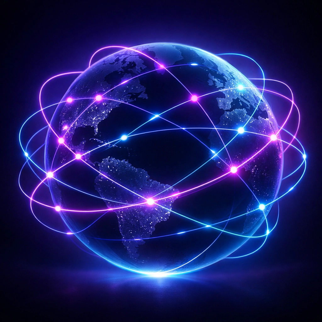 Interconnected global network nodes illustrating a high-performance CDN for local SEO.