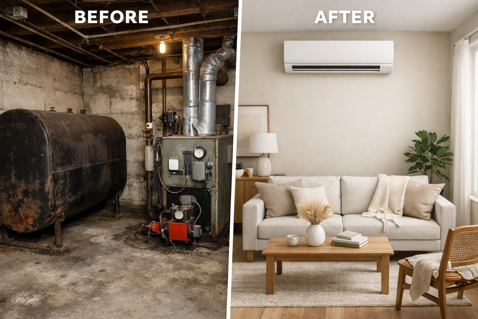 Before and after comparison of oil heating system replaced with ductless mini split heat pump