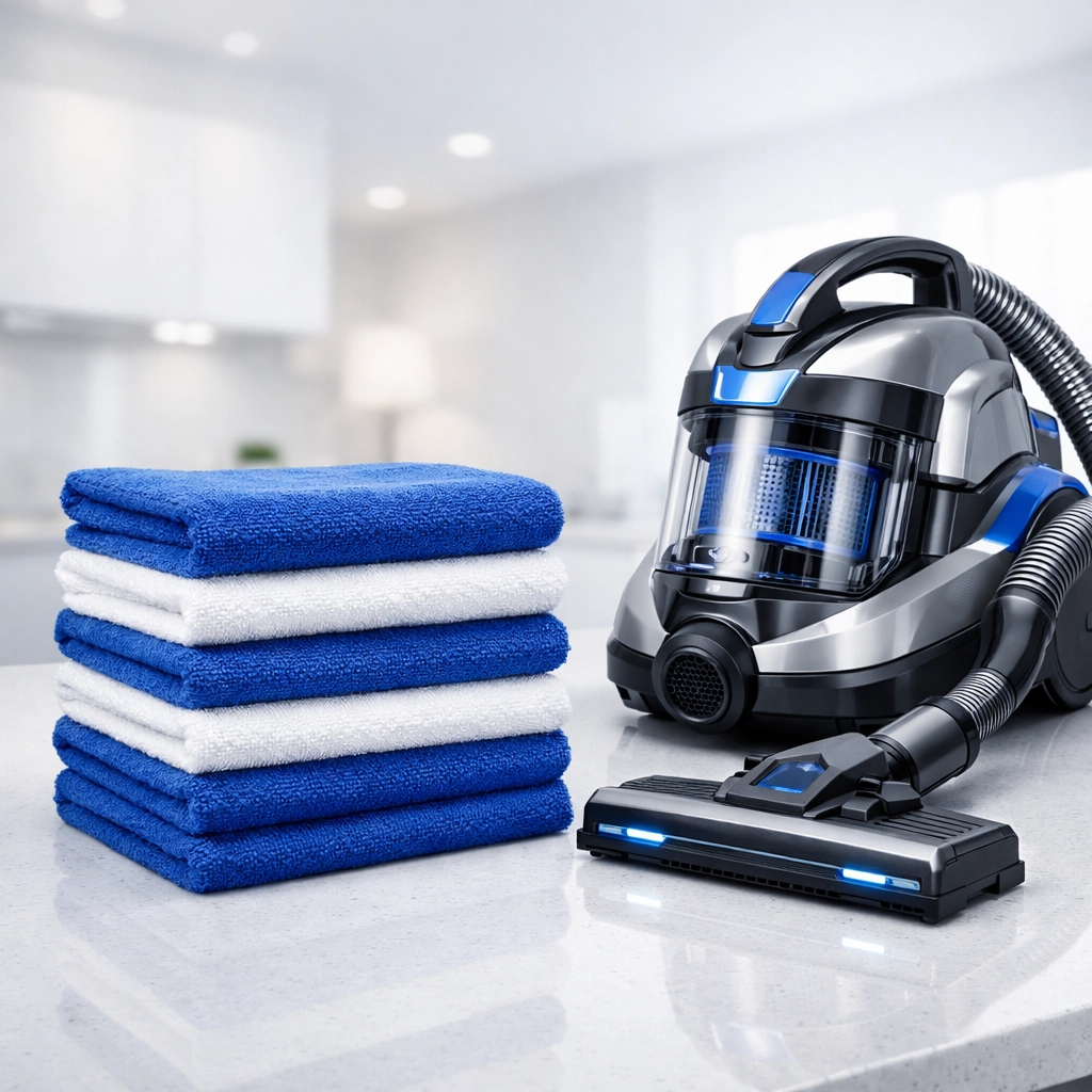 Professional grade HEPA vacuum and microfiber cloths used for effective house cleaning in Marlborough.