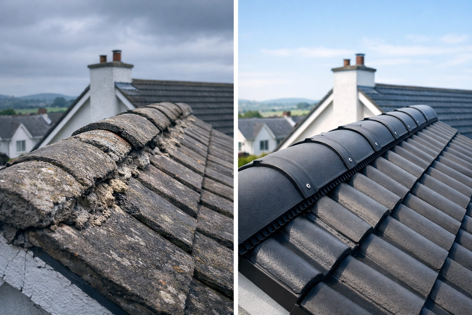 Before and after comparison of traditional mortar bedding versus modern dry ridge system