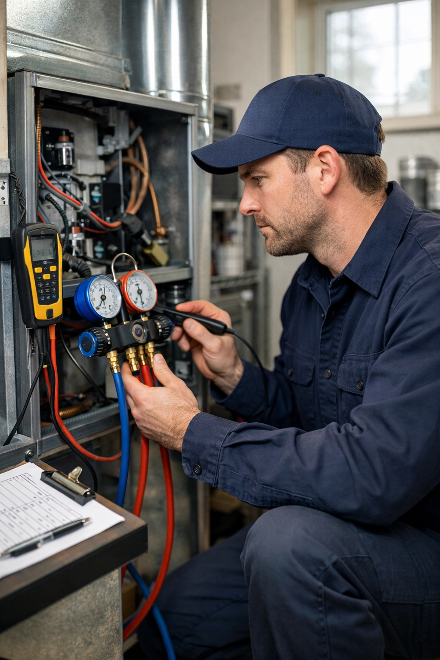 Professional technician performing HVAC maintenance inspection for rental property