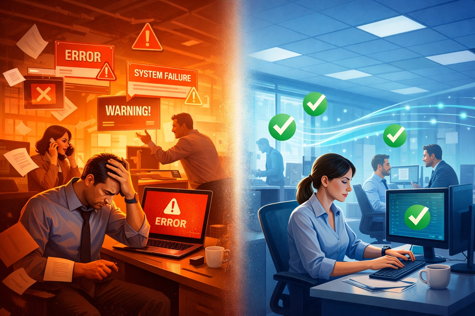 Comparison of chaotic IT problems versus organized managed IT services in a business office