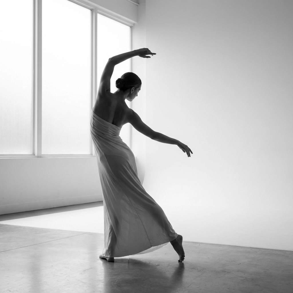 Professional studio shot of a nude woman in a twisting S-curve pose for nude photography inspiration.