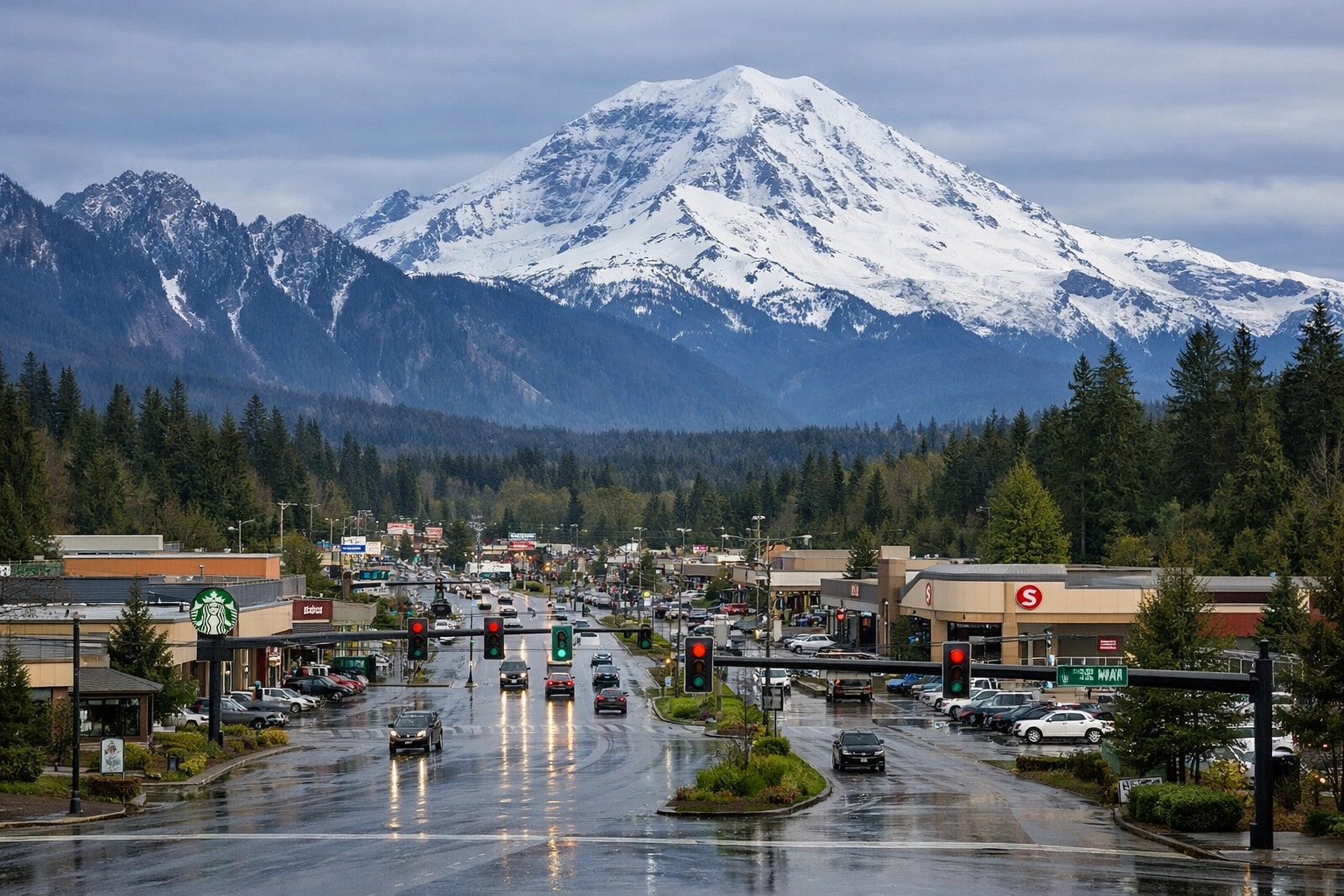 Washington commercial business district near mountains showcasing regional property insurance risk factors.
