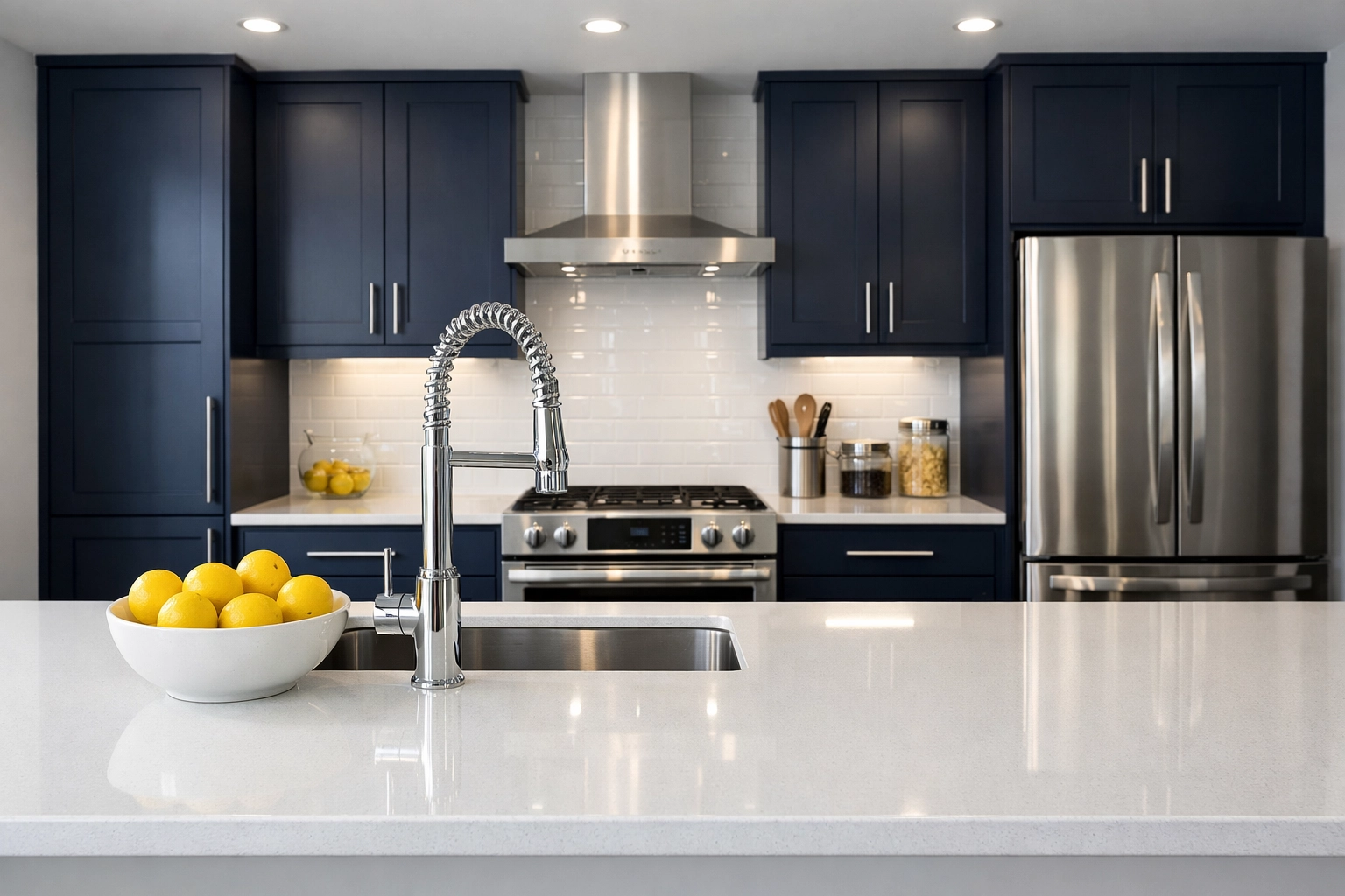Professionally cleaned modern kitchen in a Cambridge apartment with spotless quartz countertops.