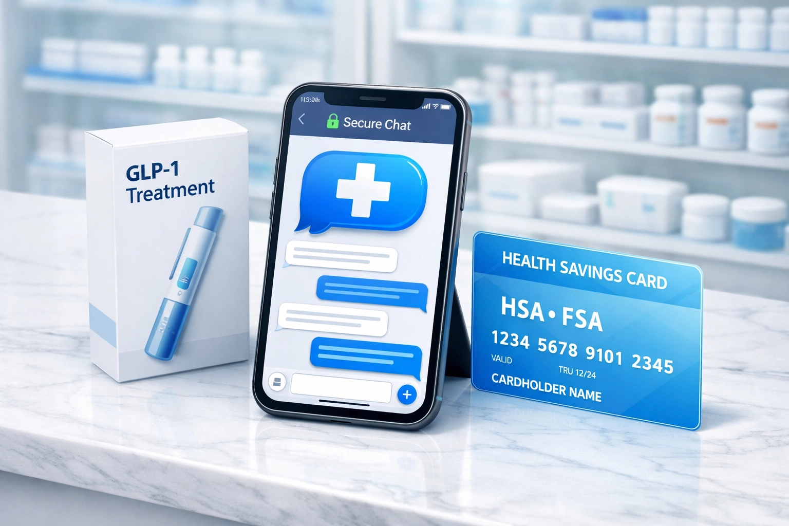 Online doctor chat on phone with GLP-1 weight loss medication and HSA card for pharmacy prescription pickup.