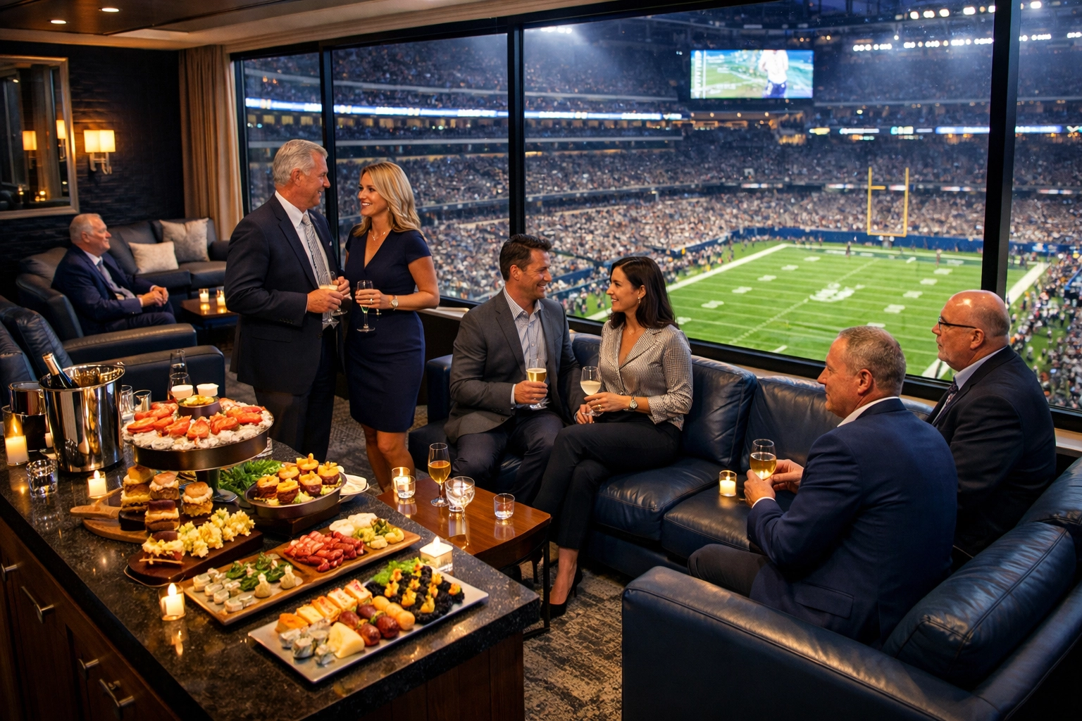 The Ultimate Guide to Super Bowl Corporate Hospitality: How Executives Maximize Brand Visibility at America's Biggest Sporting Event Luxury corporate suite at Super Bowl with executives networking during game