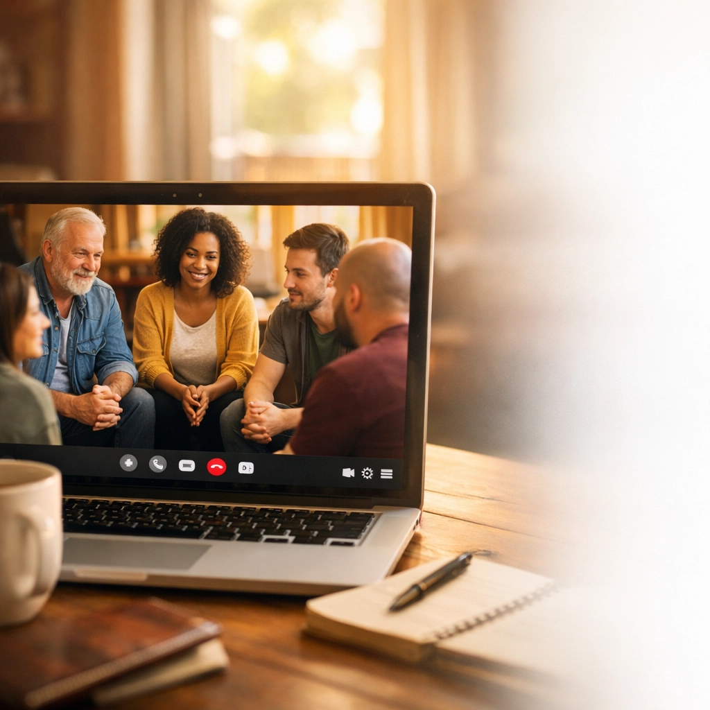 Sober entrepreneurs connecting in virtual mastermind group meeting for business support