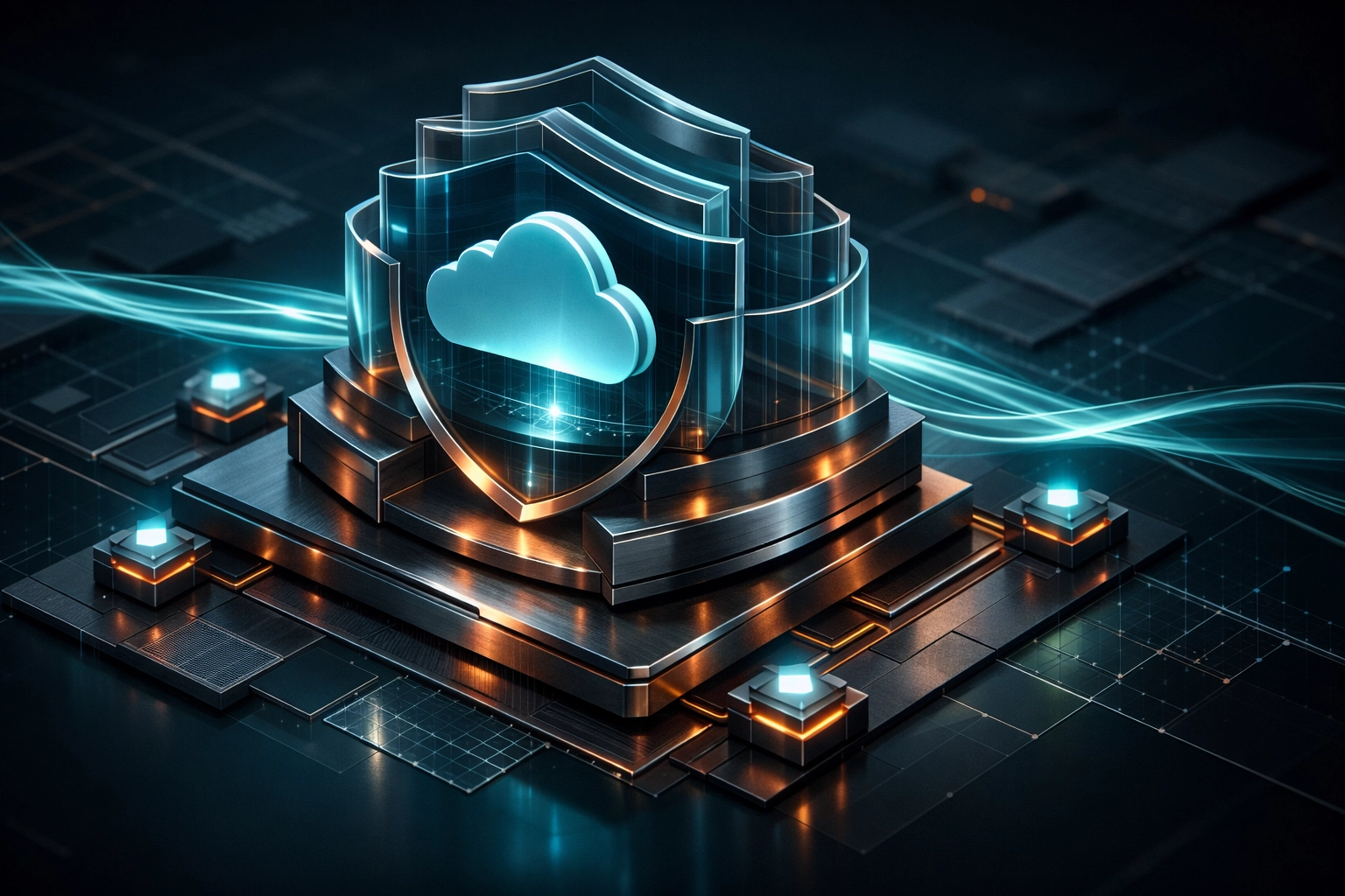Fortified digital structure with layered shields representing professional WordPress security and cloud infrastructure.