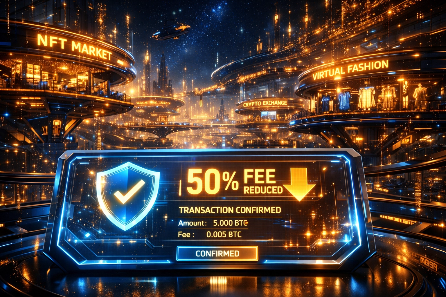Secure metaverse marketplace dashboard highlighting 50% fee savings on digital asset purchases.
